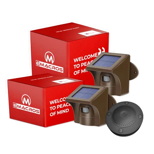 eMACROS Long Range Solar Wireless Driveway Alarm Outdoor Weather Resistant Motion Sensor & Detector-Security Alert System-Monitor & Protect Outside Property