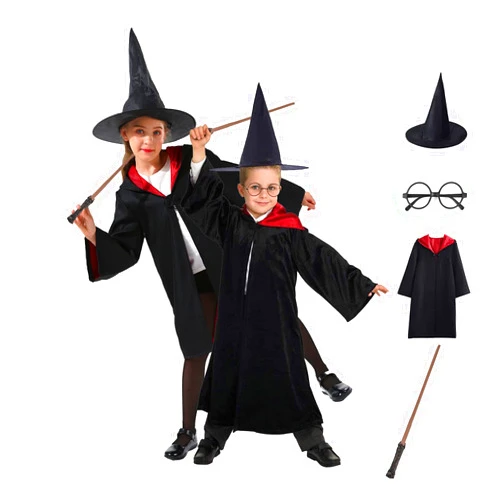 GREAHWD Kids Dress Up Wizard Costume for Boys Girls Halloween Costumes, 4 Piece Set with Robe, Wand, Wizard Hat and Glasses