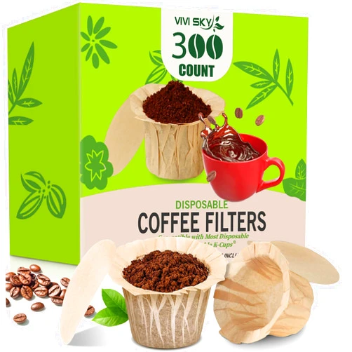 VIVI SKY K Cup Filters Disposable with Lid, 300 Count Coffee Filters K Cup Paper Filters for Keurg Brewers Single Serve 1.0 and 2.0 Reusable K Cup Coffee Pods(Natural with Lid, 300)