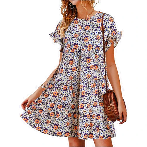 Chuanqi Womens Ruffles Boho Floral Printed Babydoll Loose Swing Casual Short Mini T-Shirt Dress