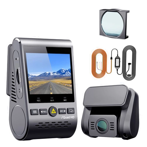 VIOFO 2K Dual Dash Cam Bundle - A129 Plus Duo with 1440P Front & 1080P Rear, GPS, HDR, Parking Mode Kit for Low Voltage Protection, and CPL Filter for Reduced Glare Enhanced Color