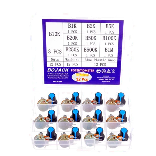 BOJACK 10 Values 12 Pcs B1K-B1M Ohm Knurled Shaft 3 Terminals Linear Taper Rotary Potentiometer(WH148) Single Turn Carbon Film Variable Resistor Assortment Kit