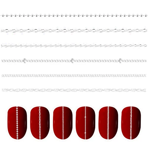 Hariendny 6 Strips Nail Chains for Nail Art Chain Nail Charms Nail Art Chains Silver Punk Nail Studs Charms 3D Nail Art Chain Supplies Metal Nail Art Accessories for DIY Nails Making Women Nail Art Decoration