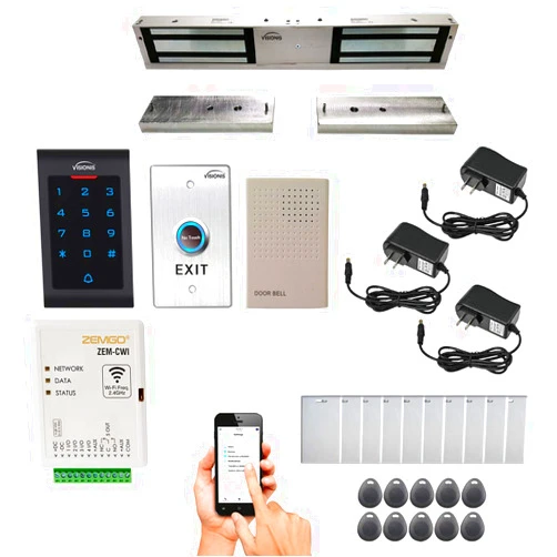 Zemgo FPC-8462 Smart Mobile WiFi Controller for Access Control with Android + Apple App, Web Browser + Smartphone Remote Viewing, Outswinging Door 1200lbs Double Maglock, Indoor Keypad/Reader Kit
