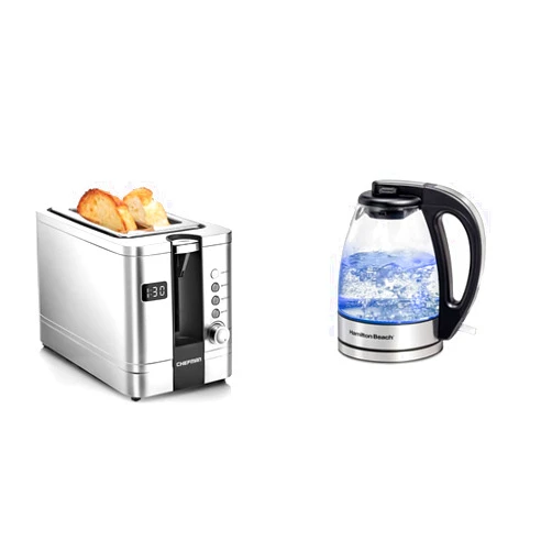 Chefman 2-Slice Digital Toaster, Pop-Up, Stainless Steel & Hamilton Beach Glass Electric Tea Kettle, Water Boiler & Heater, 1 L, Cordless, LED Indicator, Clear