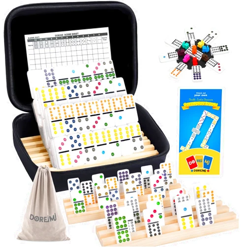 Doreimi Mexican Train Dominoes Game Set with 4 Wooden Racks, Double 12 Colored Dot Dominoes with Update Hub, Travel Mexican Train Game with 91 Tiles and Portable Case, Family Board Team Games