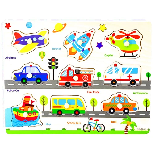 Z MAYABBO Wooden Puzzles Vehicles & Traffic Tools Chunky Baby Puzzles Peg Board for Preschool Educational Jigsaw Puzzles, 9 Pieces