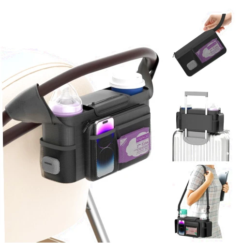 KDD Universal Stroller Organizer with Insulated Cup Holder, Stroller Bag Caddy with Detachable Wristlet Pocket & Shoulder Strap, Stroller Accessories Fits Uppababy, Doona, Nuna, Baby Jogger, Britax