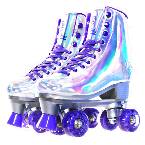 JajaHoho Roller Skates for Women, Holographic High Top PU Leather Rollerskates, Shiny Double-Row Four Wheels Quad Skates for Girls and Age 8-50 Indoor Outdoor (Silver Purple)
