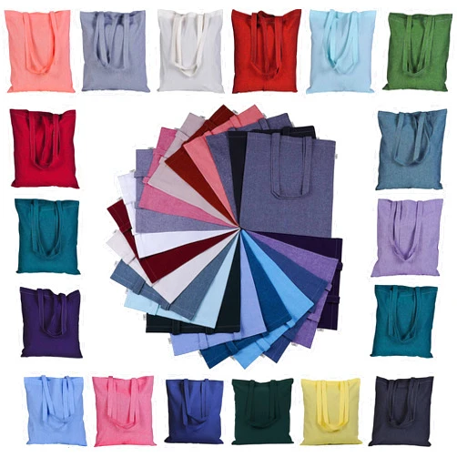 ATMOS GREEN 12 pack 15 X 16 inch with long handle ASSORTED Colors 5.5 oz Recycled cotton canvas reusable grocery bags eco friendly super strong MADE in INDIA