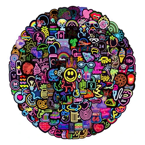 Girasore 200Pcs Neon Style Stickers Decals, Cool Neon Light Stickers for Kids Teens Adults, Waterproof Vinyl Stickers for Laptop Water Bottle Guitar Skateboard