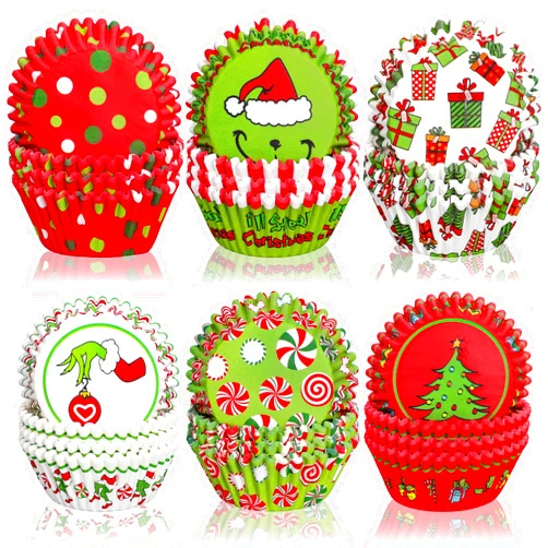 Whaline 600Pcs Christmas Cupcake Liners Funny Cartoon Character Cupcake Wrappers Baking Cups Holders Red Green Muffin Liners for Xmas Holiday Birthday Party Candy Make Baking Supplies