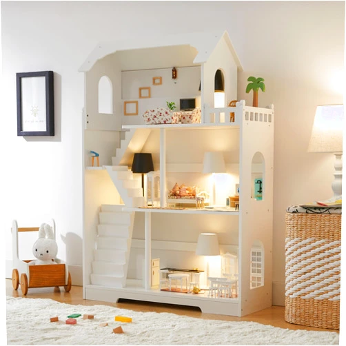 Ocinone Wooden Dollhouse Bookshelf - Toddler Doll House Bookcase, Extra Space Kids Toy Storage Book Shelf, 3-Tier Children Dollhouse, Pretend Play Toy House (Modern Flat Roof)