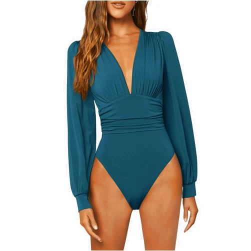 GORGLITTER Women's Sexy Ruched Deep V Neck Long Sleeve Bodysuit Plunging Neckline Leotard Shirts