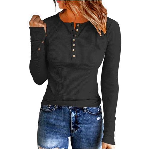 APOFER Womens Long Sleeves Ribbed Knit Tunic Shirts Scoop Neck Button Down Tops Casual Henley Tee Shirt Slim Fit Blouses