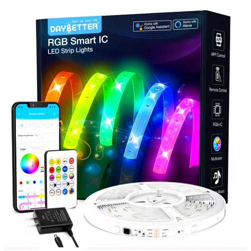 DAYBETTER 100ft RGB Smart IC LED Strip Lights, LED Lights Work with Alexa and Google Assistant, App Control Segmented DIY Multiple Colors, Color Changing Lights Music Sync for Bedroom Decor (1 Roll)
