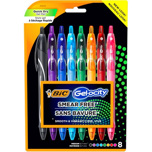 BIC Gelocity Quick Dry Assorted colors Gel Pens, Medium Point 0.7 mm, Smear Free, Retractable Gel Pens With Comfortable Full Grip, 8 Pack