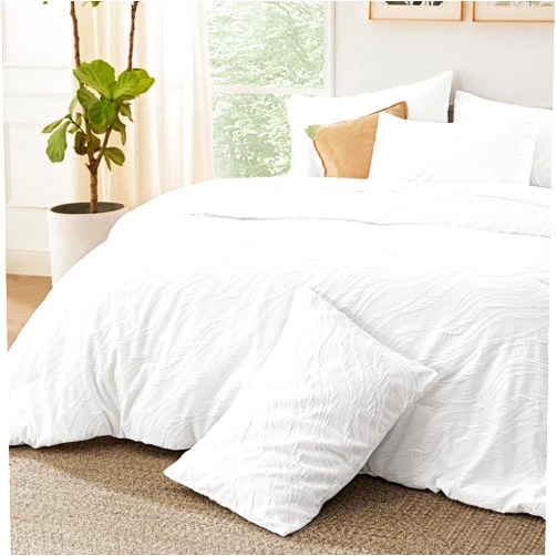 Bedsure Queen Comforter Set - 7 Pieces Jacquard Wave Queen Size Comforter Bedding Set, Bed in a Bag with 1 Comforter, 1 Flat Sheet, 1 Fitted Sheet, 2 Pillowcases & 2 Shams, White Bedding Comforter Set