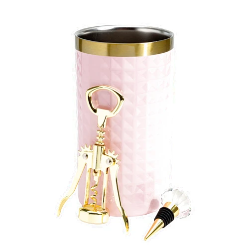 Paris Hilton Wine Bottle Chiller Set, Insulated Double Wall Chiller, Gold Winged Corkscrew Wine Bottle Opener, Diamond Wine Stopper, 3-Piece Set, Pink