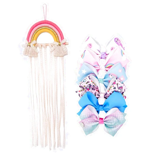 UKYLIN Hair Bow Holder for Girls, Rainbow Bow Organizer with Burlap Lace Ribbon, Hair Accessories Storage and Decoration, 29.5 inch(Height) x 11.8 inch(width), Pink with Bows, Includes 6 Hair Clips