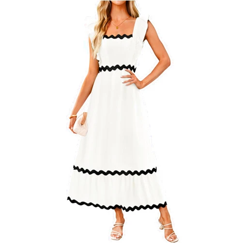 ZESICA Women's Summer Sleeveless Ruffle Dresses 2024 Square Neck Backless Boho Flowy Maxi Sundress with Pockets