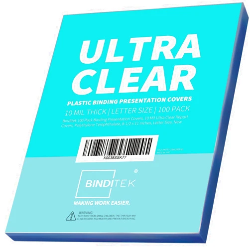 Binditek 100 Pack 10 Mil Binding Presentation Covers, Ultra Clear Report Binding Covers, 8-1/2 x 11 Inches, Letter Size, Square Corners, Un-Punched, for Students and Coworkers