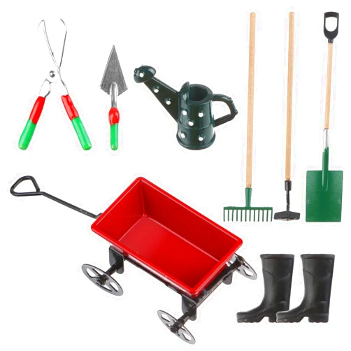 Haomian Miniature Fairy Garden Accessories Set 9 Pcs 1:12 Mini Metal Spade Pestle Kettle Wagon Rake Garden Watering Supplies Micro Landscape Ornaments Dollhouse Accessories