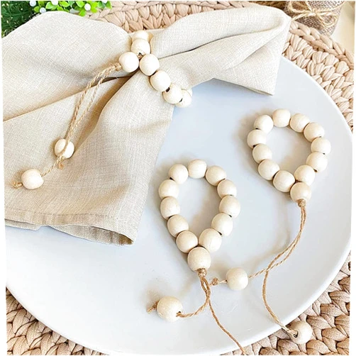Werdecade Wood Bead Napkin Rings Set of 6, Farmhouse Wooden Napkin Holder with Tassel Natural Beaded Napkin Ring for Thanksgiving Christmas Wedding Party Table Fall Decor (Wood Beads)