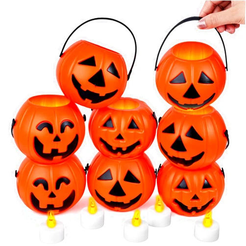 3 otters 8PCS Halloween Pumpkin Buckets, Mini Portable Pumpkin Buckets Trick or Treat Buckets for Party Birthday Halloween Family Gatherings