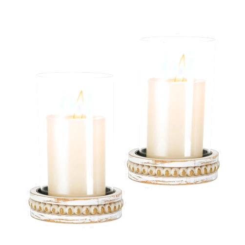 Glasseam Hurricane Glass Candle Holders, Rustic Pillar Candle Holder Set of 2, Farmhouse Candle Holders for Table, Cylinder Candle Holder with Beaded Candle Plates for Dining Living Room Decorations