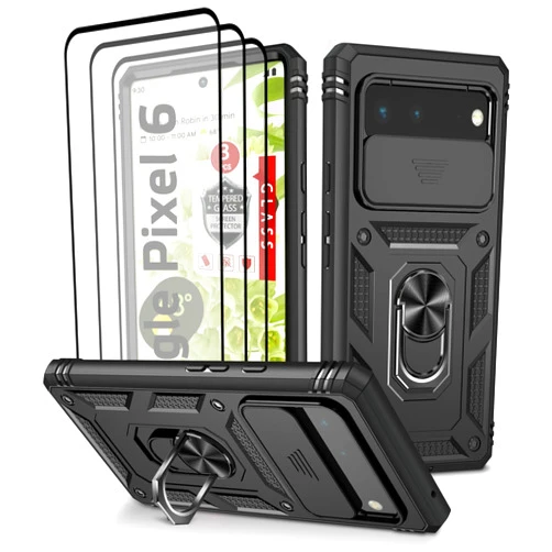 ANOUKE for Google Pixel 6 Case, Case for Pixel 6 with 3 Pcs Tempered Glass Screen Protector Built in Ring Stand Kickstand + Camera Cover, Hard PC Soft TPU Defender Full Body Protective Armor Case - Black
