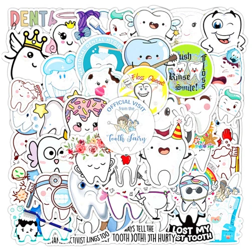 Kechup Cartoon Tooth Stickers for Kids Teens 50Pcs Cute Tooth Stickers for Water Bottles Luggage Scrapbook, Vinyl Waterproof Stickers Gifts for Kids Rewards Stickers
