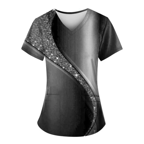 NAMTYQX Scrub Tops Women,Women V Neck Nurse Uniforms Plus Size Cute Scrubs Floral Print Gifts Tops with Pockets