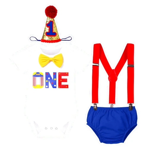 IBTOM CASTLE Circus Carnival Theme 1st Birthday Cake Smash Outfit for Baby Boy Suspenders Bowtie Hat Photo Props Costume