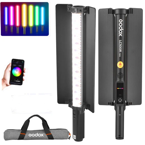 Godox LC500R Mini Handheld RGB Tube Light, 2500K-8500K RGB Stick Light with Barndoor&Soft Diffuseur, 20W 360°Full Color CRI 96+ 15 FX Effects LED Lighting Wand with APP Control