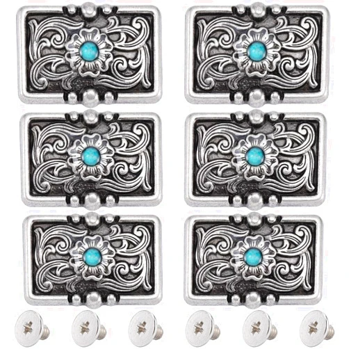 GORGECRAFT 1 Box 6Pcs Flower Decorative Buckles Rectangle Vintage Metal Screw Back Synthetic Turquoise Buckle Replacement