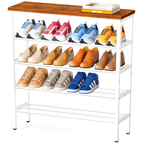 KIMBORA 5 Tier White Shoe Rack for Entryway, Holds 20 Pairs Metal Shoe Rack Organizer for Front Door Entrance with Wooden Top Storage Shelves, Rustic Brown
