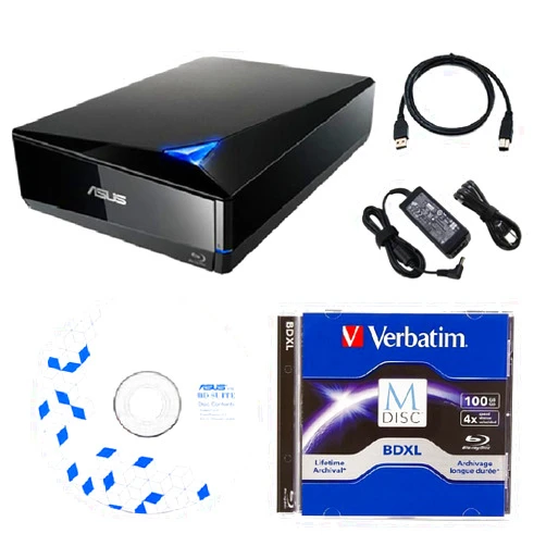 Produplicator Asus 16x External Blu-ray Drive with BD Suite Disc, USB 3.0 Cable, Power Adapter and Cord (BW-16D1X-U) Bundle with 100GB Verbatim M-DISC BDXL