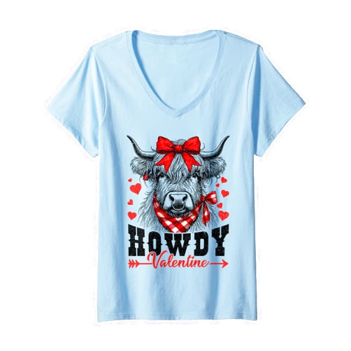 Western Valentine Highland Cow Coquette Bow Shirts Women's Howdy Valentine Highland Cow Heart Western Valentine's Day V-Neck T-Shirt