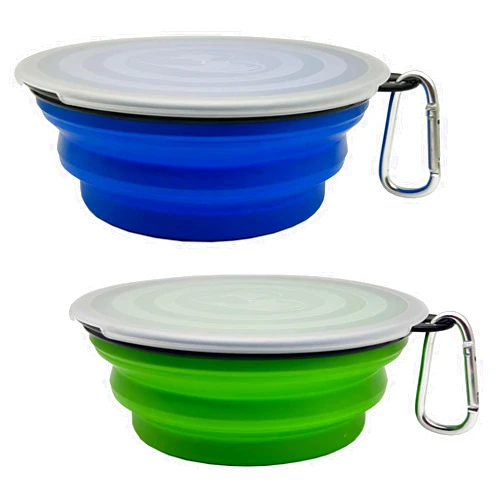 Ylaptew Large Collapsible Dog Bowl 35oz,2 Pack Portable and Foldable Pet Travel Bowls Collapsable Dog Water Feeding Bowls Dish with 2 Carabiners & Lids for Dogs Cats and Small Animals (Blue+Green, 1000ml)