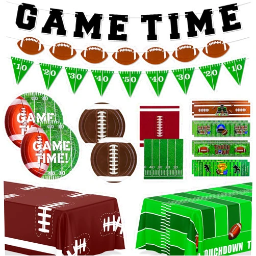 SelfTek Football Birthday Party Decorations, Football Plates and Napkins, Touchdown Tablecloth, Banner, Cups Sticker, Football Party Supplies Kit for Birthday Gameday Tailgate Party, Serve 24