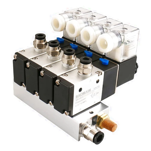 Baomain 4 Space Pneumatic Solenoid Valve 3V210-08 220V AC PT1/4 2 Position 3 Way with Base Muffler Quick Fittings Set