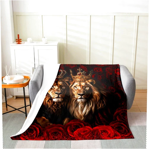 Castle Fairy Lion Rose Throw Blanket 40x50 Abstract 3D Brown Wild Animals Fleece Blanket for Kids Teens Adults Gold Crown Retro Flowers Romantic Style Flannel Blanket for Party Office RV