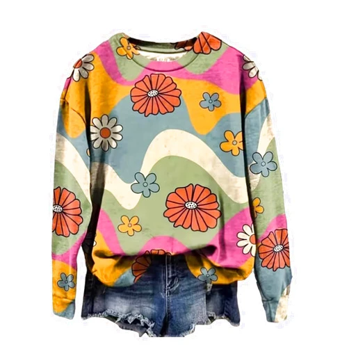 AIMITAG Fall Wildflower Sweatshirt Women Casual Long Sleeve Printed Flowers Shirts Boho Cottagecore Floral Autumn Pullover