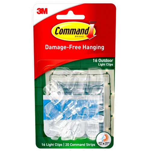 Command Outdoor Light Clips, 16 clips, 20 strips, Water-Resistant Adhesive (17017CLR-AWES), Clear (17017CLR-AW-E)