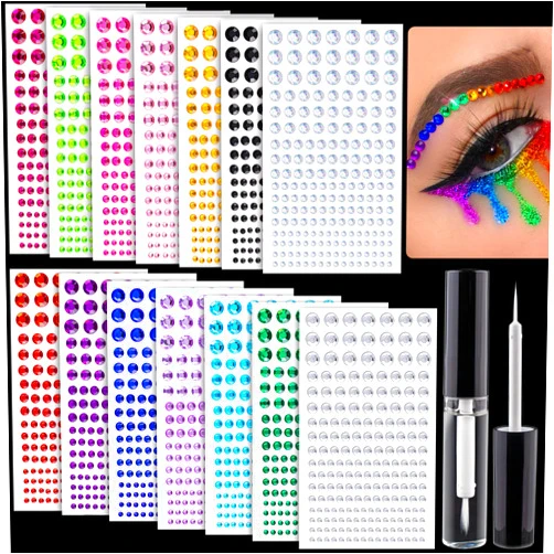 BELLEBOOST 2758 Pcs of Rhinestone Stickers 3/4/5/6/8mm with 14 Colors Self Adhesive Face Gems, Stick on Body Crystal Jewels with Quick Dry Makeup Glue for Face Eye Hair Nails Make up and Craft DIY Decorations