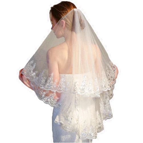 Brinote Sequins Lace Edge Wedding Veils for Brides 2-Tier Short Veil Hip Length Bridal Veils with Comb Sparkle Soft Tulle Hair Accessories for Bride (White)
