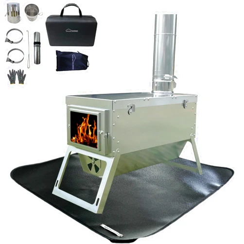 DANCHEL OUTDOOR S7C Folding Hot Tent Wood Stove 304 Stainless Steel with Stove Pad, Portable Small Tent Stove with 8.2ft, 2.76'' Dia Chimney, Extra Trapezium Capacity for Winter Survival