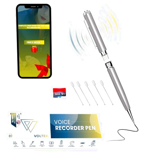 VOLTEK Digital Voice Recorder Pen - 64GB - Mini Audio Recording Device for Meetings - Portable Dictaphone Microphone Sound - Compact Digital Recorder with Free E-Book Included