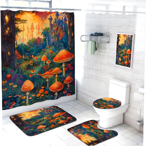 TprklhonE 4 Pcs Cartoon Mushroom Forest Shower Curtain Set with Rugs,Toilet Lid Cover, Bath Mat Frog Forest Fairy Castle Bathroom Shower Curtain with 12 Hooks Accessories Decorative